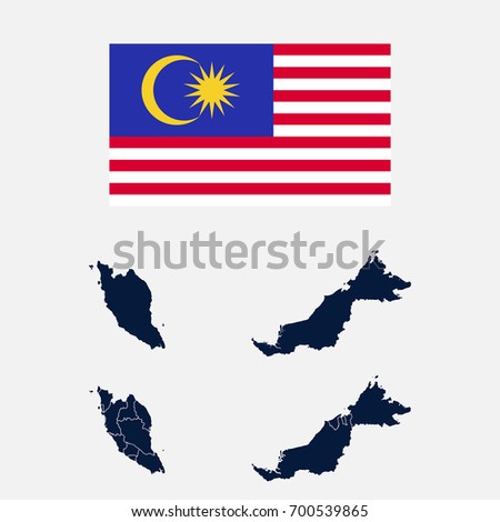 Navy Blue Malaysia Map and Flag isolated on white background. Vector illustration eps 10.