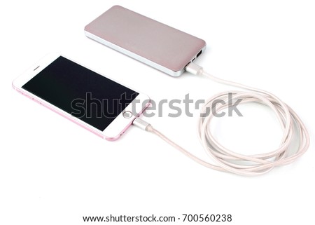 Smartphone mobile charging with power bank isolated on white background 