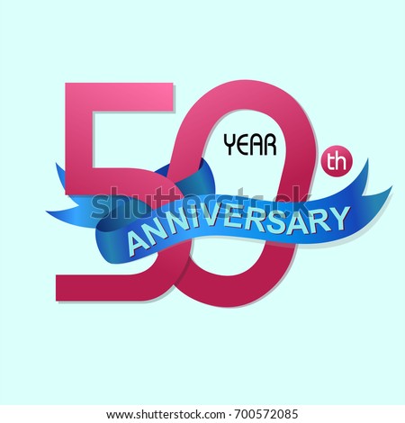 50th Year Anniversary Celebration with blue ribbon Design, Number vector template