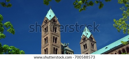 facade and cobbled square of the famous UNESCO world heritage Speyer Cathedral, Speyer, Germany, Jun 2017