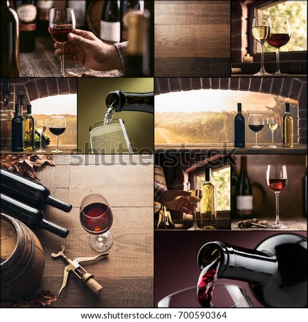 Wine tasting and winemaking photo collage: sommelier drinking wine at the bar, bottles collection, rustic cellar and window view on the coutryside vineyard