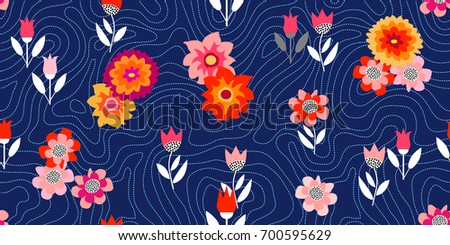 Night autumn garden. Seamless vector pattern with chrysanthemums and asters inspired by 1950s-1960s design. Retro textile collection. On dark blue background.