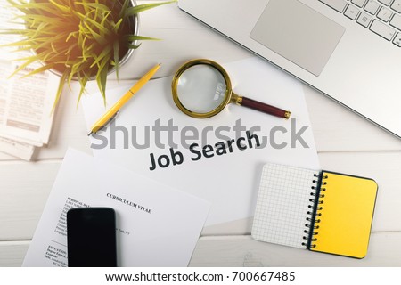 job search items on white table. top view