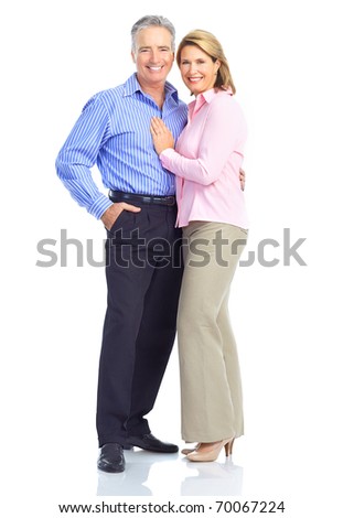 Happy elderly seniors couple in love. Isolated over white background
