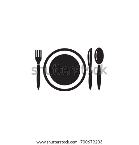 Diner restaurant plate and silverware black vector icon isolated on white background
