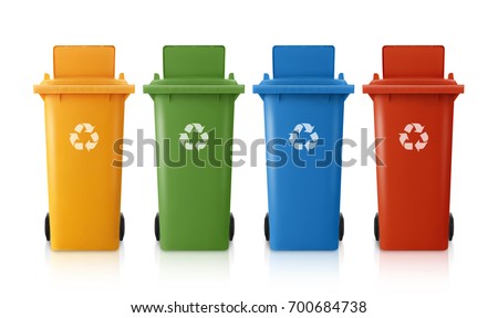 yellow, green, blue and red recycle bins with recycle symbol isolated on white background Royalty-Free Stock Photo #700684738