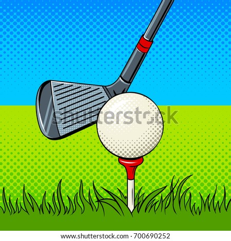 Putter and golf ball pop art style raster illustration. Comic book style imitation