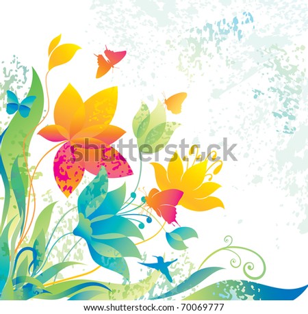 Beautiful flower background with butterfly and colibri.