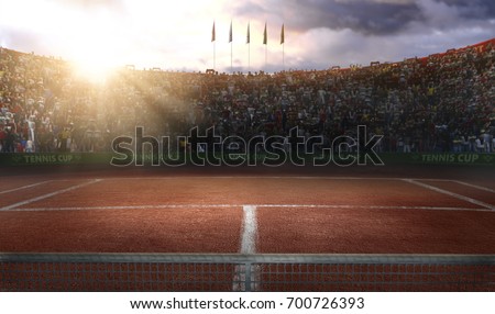 Tenis court Stadium red ground in sunset 3d rendering Royalty-Free Stock Photo #700726393
