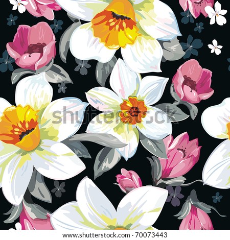 Elegance Seamless pattern with flowers narcissus on black background, vector floral illustration in modern style