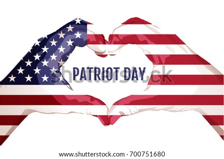 Two palms make heart shape. September 11 patriot day. Star stripped american flag united states. Greeting card vector illustration