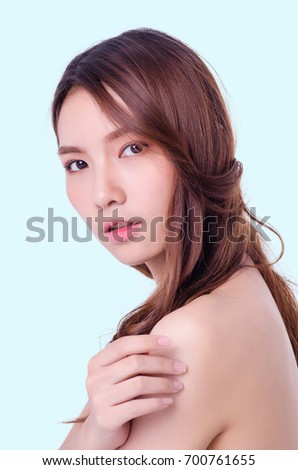 Asian young beautiful woman Beauty portrait , natural make-up, beauty face, isolated over pastel background.