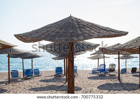 Picture of sunbeds and umbrellas on the romania seaside in Vama Veche, Romania