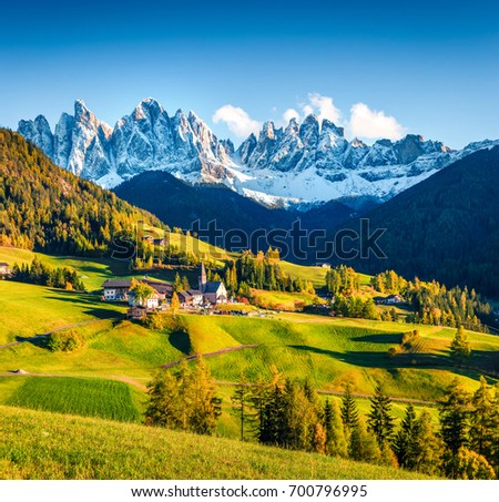 Great morning view of Santa Magdalena village and Chiesa di Santa Maddalena church. Colorful autumn scene of Dolomite Alps, Italy, Europe. Beauty of countryside concept background.