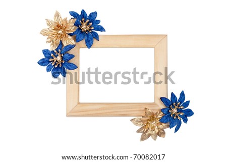 Wooden photo frame decorated with blue flowers isolated on white