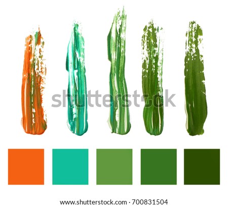 Smears of paints and palette with green color on white background