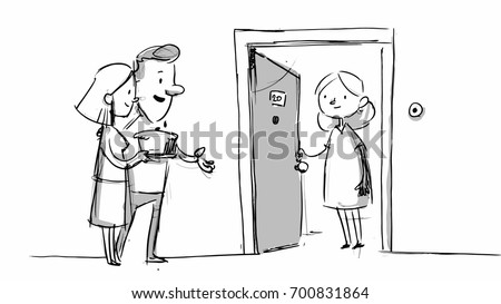Couple bringing a cake to their neighbour. Vector sketch for storyboard, projects, cartoons Royalty-Free Stock Photo #700831864