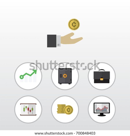 Flat Icon Gain Set Of Cash, Strongbox, Portfolio And Other Vector Objects. Also Includes Strongbox, Arrow, Coin Elements.