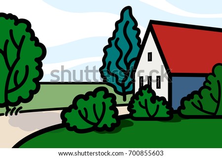 Vector illustration of  small house on the trees and fields background