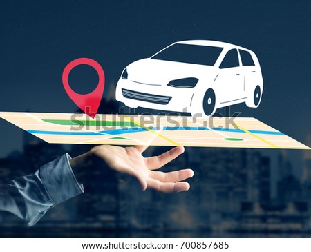 View of a Car on a map with a pin holder - GPS and localization concept