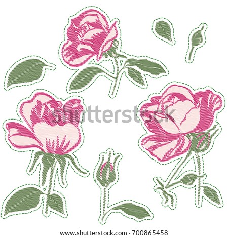 Red embroidery rose blossom flowers and buds, vector Set of stickers, pins, patches roses with stitch effect imitation, bush elements for clothes embroidery collection. machine embroidery texture.