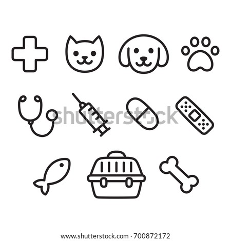 Cute vet icon set. Hand drawn line icons of pets, toys and veterinary equipment. Royalty-Free Stock Photo #700872172