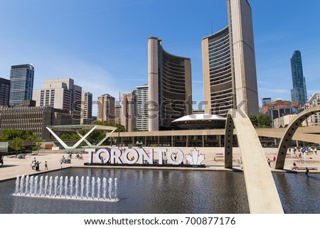 Toronto City Hall Nathan Phillips Square on Sunny Summer Day