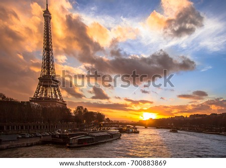 Eiffel Tower with fiery sky in the background, Paris, France