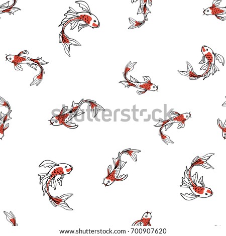 Seamless oriental pattern with Japanese carps koi. A symbol of good luck. Asian background, vector illustration. Natural fabric print design.