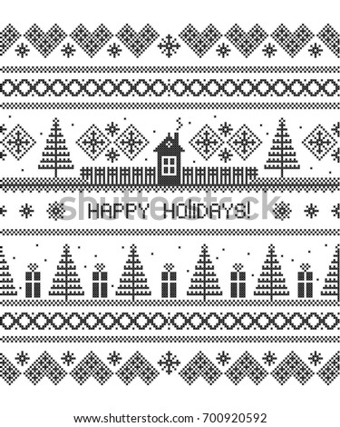 Happy Holidays! Winter. Rural landscape. Christmas background. Cross stitch. Vector seamless pattern. Scheme of knitting and embroidery.
