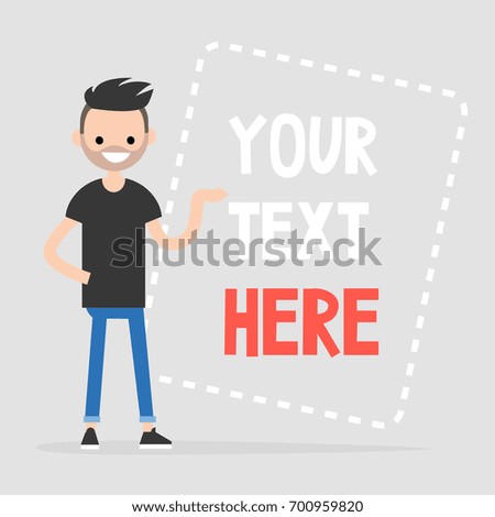 Your text here. Copy space. Young character pointing on a framed sign / flat editable vector illustration, clip art