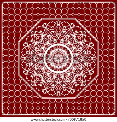 Red mandala background, geometric pattern with ornate lace frame. Vector illustration. for Scarf Print, Fabric, Covers, Scrapbooking, Bandana, Pareo, Shawl, Carpet design.