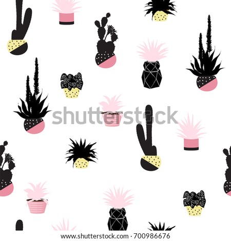 Seamless pattern with house plants in pots. Vector background illustration on white background.