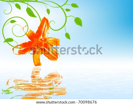Orange flower with reflection in the water