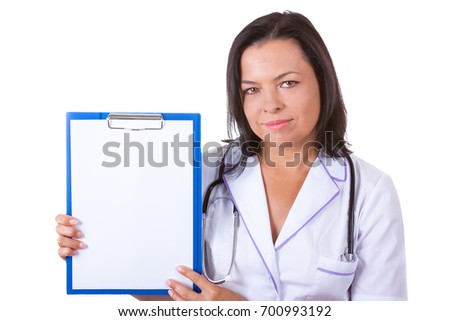 Medical Woman Doctor with Stethoscope Holding Clipboard with Blank Paper on a white background