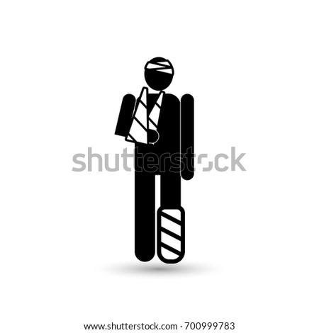 Heavily injured people with head and arm bandage and cast on broken leg. Male silhouette with wounds. EPS10 vector illustration for design element, infographic, banner, template, poster, web.