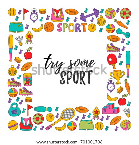 Square sport icons border decorative frame with fitness doodle symbols colorful cute isolated objects easy to recolor