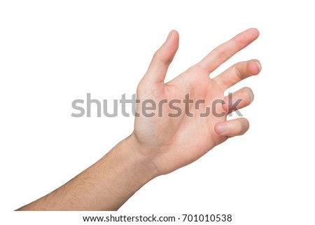 Male hand holding card, phone or other isolated on white, close-up, cutout