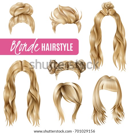 Set of coiffures for blond women with stylish haircuts and long hair, braided strands isolated vector illustration  Royalty-Free Stock Photo #701029156