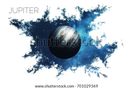 Jupiter. Space style water splash on white background.  Creative layout made of nebula with planet of solar system. Elements of this image furnished by NASA