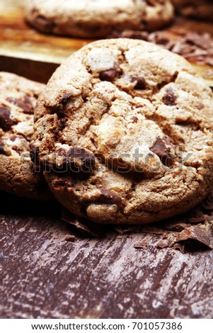 Chocolate chip cookies on table freshly baked