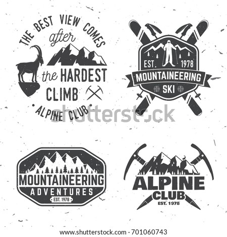 Set of mountain expedition badges. Vector. Concept for alpine club shirt or logo, print, stamp or tee. Design with mountaineers, rock climbing goat and mountain silhouette. Outdoors adventure emblems