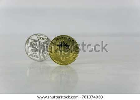 golden and silver bitcoins on Artificial marble
