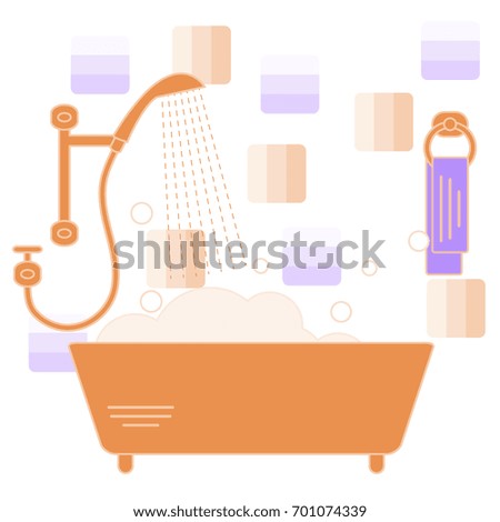 Cute vector illustration of variety bathroom elements: shower, bath with foam, soap bubbles,  towel hanging on holders, bathroom tiles. Design for poster or print.