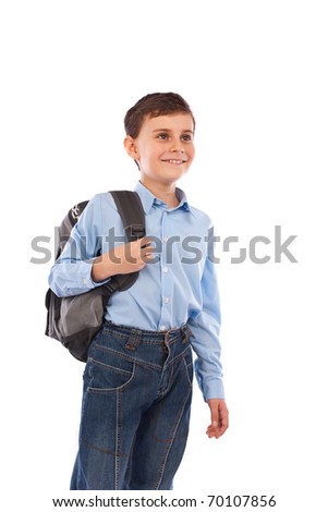 Portrait of a cute schoolboy with backpack, isolated on white background