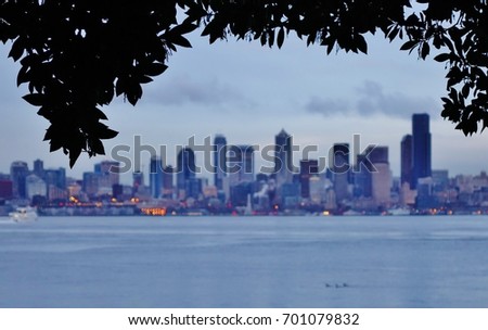 Beautiful view across Elliott Bay of the Seattle, Washington skyline framed above in silhouette by overhanging tree branches and leaves. Picture taken from a city park on the West Seattle waterfront.