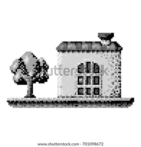 monochrome pixelated house in meadow with tree vector illustration