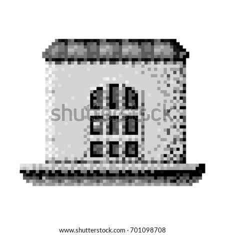 monochrome pixelated house in meadow vector illustration