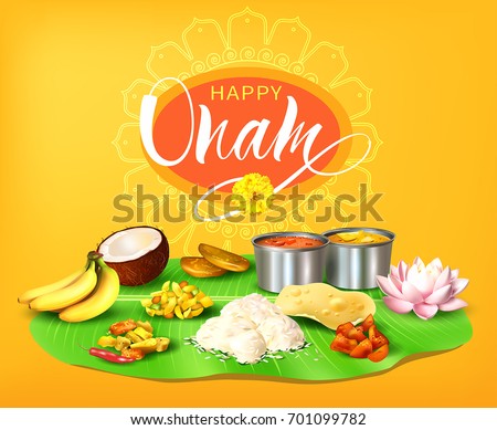 Happy Onam background with traditional food (sadya) served on banana leaf for South India harvest festival. Vector illustration. Royalty-Free Stock Photo #701099782