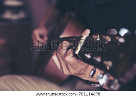 Acoustic Guitar Playing. Men Playing Acoustic Guitar,Closeup Photo,Vintage filter